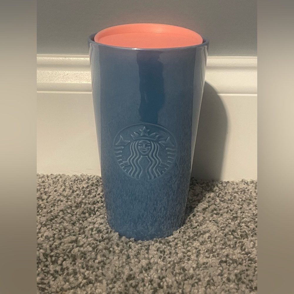 - Shiny blue with pink lid Starbucks ceramic coffee cup
